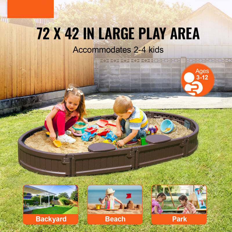 Kids Sandbox with Cover, Oval Sand Pit with 4 Corner Seats for Outdoor Play image number 5