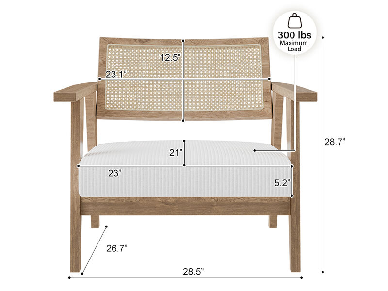 BELLEZE Mid-Century Modern Cane Back Accent Chair, Natural Wood Armchair with Upholstered Seat, Boho Lounge Chair for Living Room, Bedroom, or Office, Comfortable Padded Seat with Minimalist Design