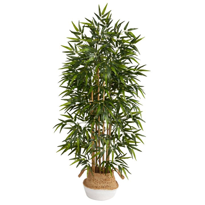 Nearly Natural 64-in Bamboo Tree in Boho Chic Cotton & Jute White Planter