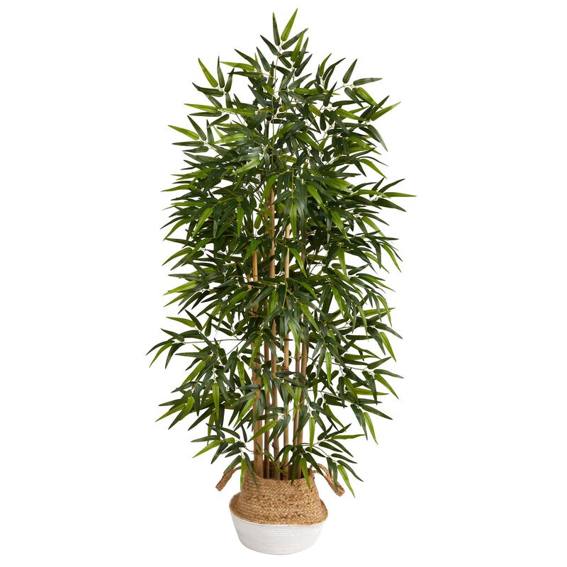 Nearly Natural 64-in Bamboo Tree in Boho Chic Cotton & Jute White Planter