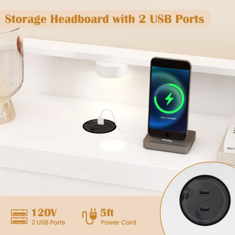 Hivvago Bed Frame with 2 USB Ports with Storage Headboard and Lights