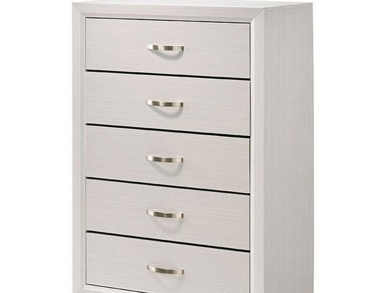 Transitional 5 Drawer Chest with Curved Handle and Chamfered Feet, White - Benzara