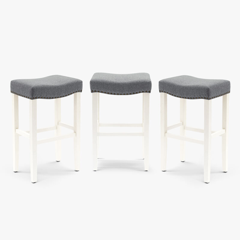 WestinTrends 29" Upholstered Saddle Seat Antique White Bar Stool (Set of 3)