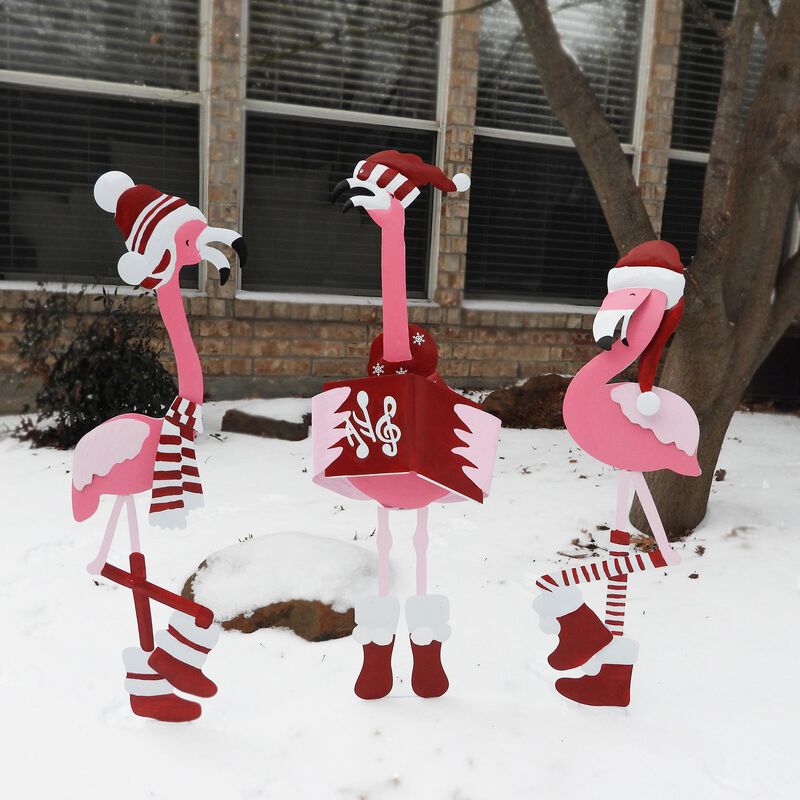 Metal Caroling Flamingos Trio Yard Decor image number 3