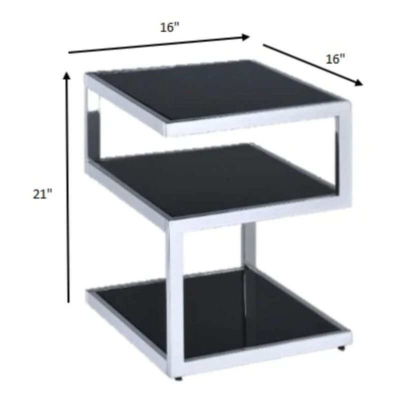 Homezia Black Glass And Chrome 3 Tier Shelves End Table