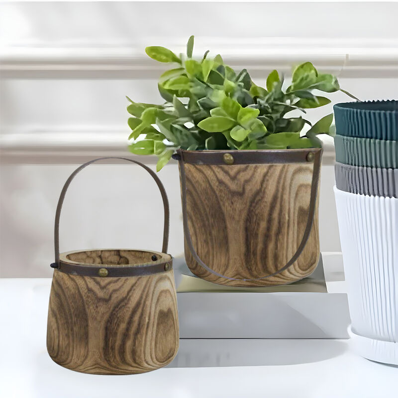 Natural Wooden Pail Planter for Rustic Garden D&eacute;cor and Outdoor Styling