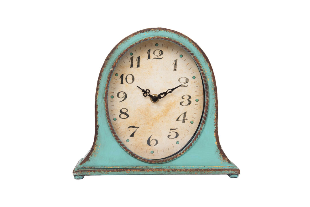 Decorative Metal Mantel Clock with Wooden Base, Distressed Aqua Blue Finish