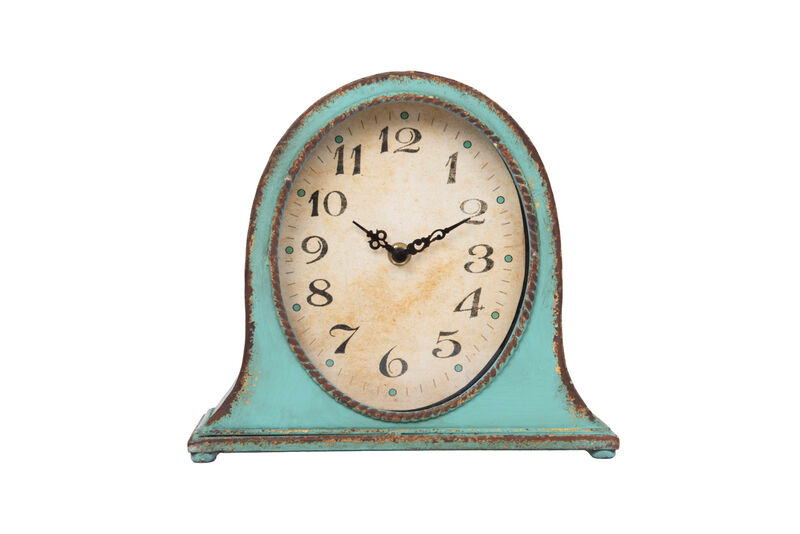 Decorative Metal Mantel Clock with Wooden Base, Distressed Aqua Blue Finish image number 0