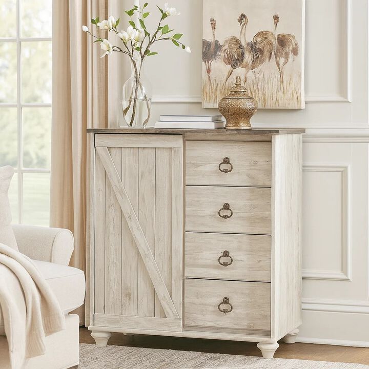 Isla Dresser Chest, 4 Drawer, Sliding Barn Door, Brown Top, Whitewash