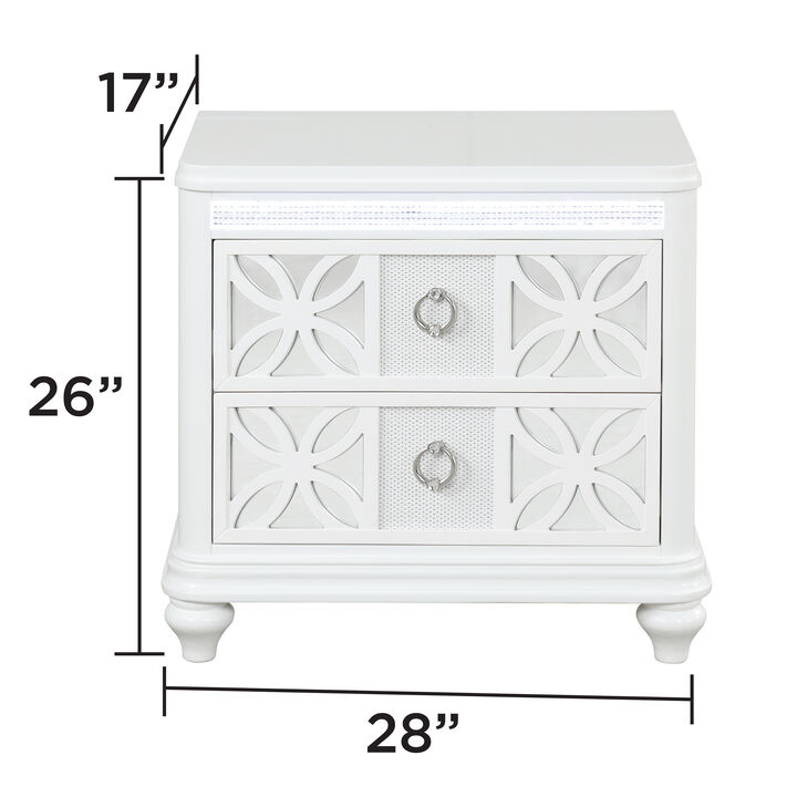 Abigale Nightstand with 2 Drawers, Patterned Fronts and Integrated LED Lighting