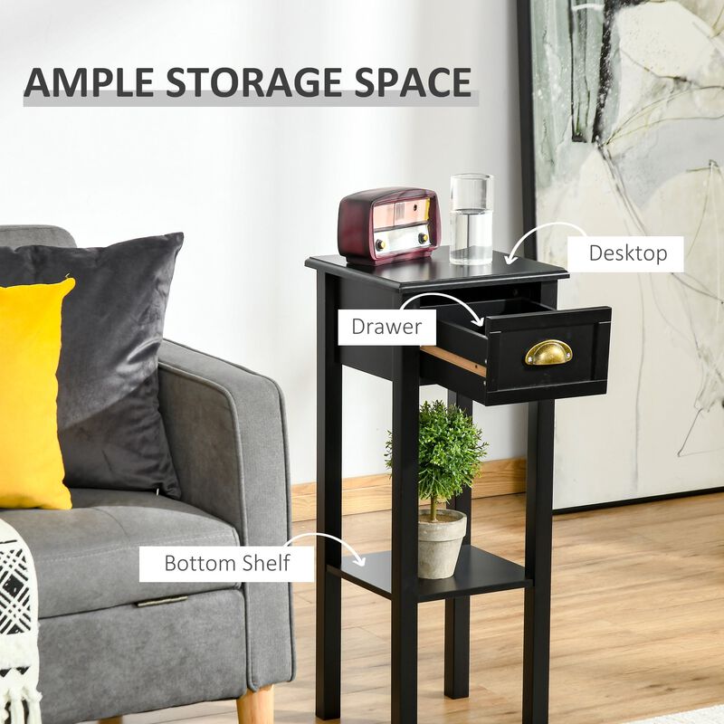 Black Slim Nightstand: 2-Tier Side Table with Drawer for Space Saving