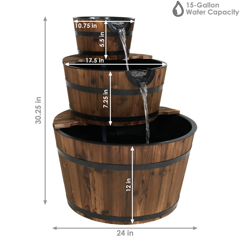 Sunnydaze Rustic 3-Tier Wooden Fir Barrel-Style Water Fountain - 30 in
