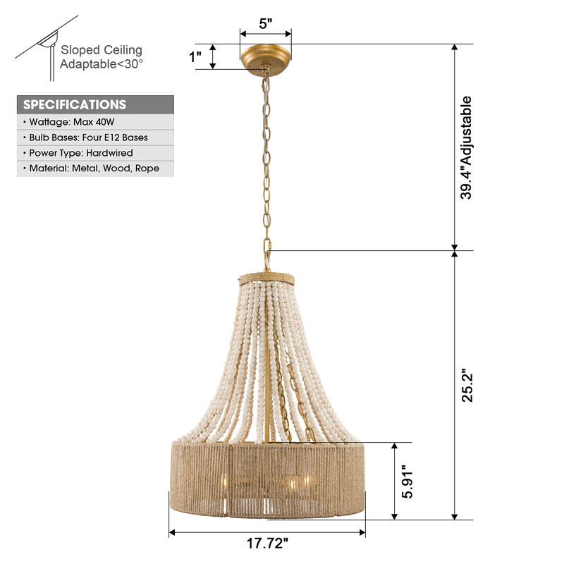 4-Light Bohemiann Woven Hemp Rope Wood Beads Chandelier
