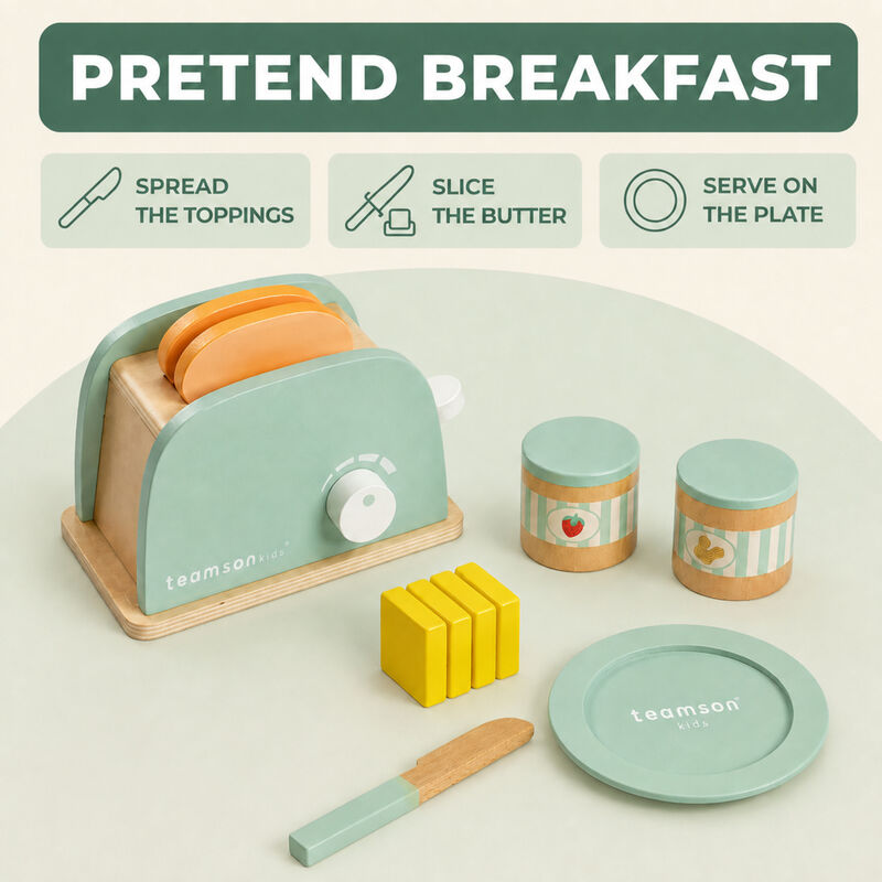 Teamson Kids 10-Piece Wooden Toy Toaster and Pretend Play Food Set, Green Set with Pretend Bread, Knife and Plate for Interactive Play, Little Chef Frankfurt image number 4