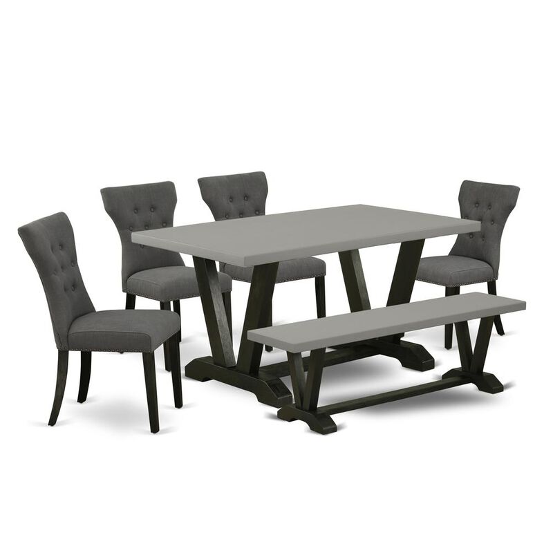 East West Furniture 6-Pc kitchen table set-Dark Gotham Grey Linen Fabric Seat and Button Tufted Chair Back Parson Dining chairs, A Rectangular Bench and Rectangular Top Dining room Table with Wood Leg