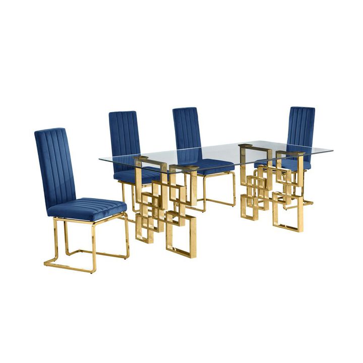 5-piece glam dining set with 4 Navy blue chairs and one 79" glass  table