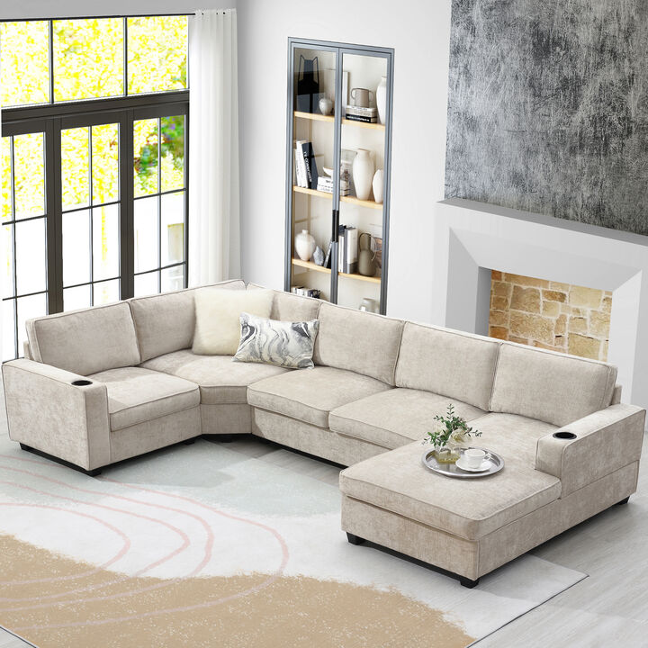 Merax Chenille  Sectional Sofa Couch Set with Oversized Chaise Lounge