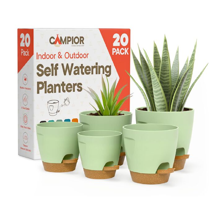 Green Self Watering Pots 20 Pack with Wick Rope & Drainage Holes, Indoor Outdoor Plastic Planters for Succulents, Herbs & Houseplants