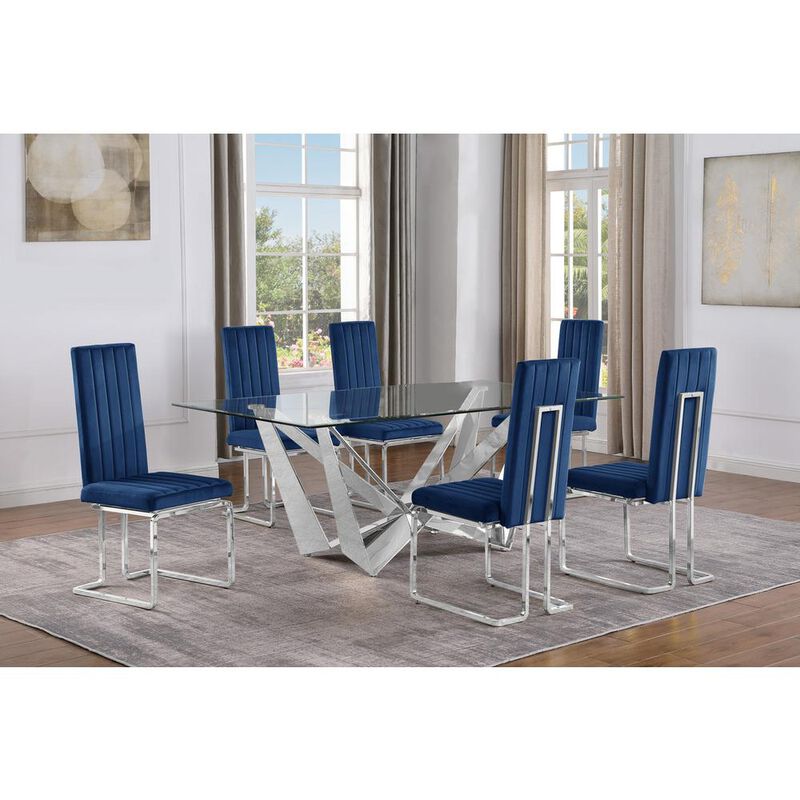 7pc Small(78") glass dining set with silver base and 6 Navy blue side chairs