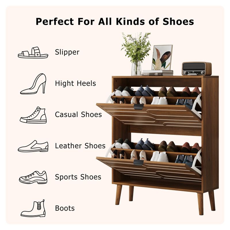 Clihome Medieval Modern Independent Shoe Cabinet, 31.5-inch Walnut Shoe Storage Cabinet,, Fence Shoe Cabinet With 2 Flip Drawers, Suitable For Corridors And Entrances image number 5