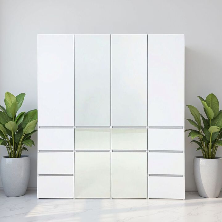 Ely Closet Cabinet Set, 2 Mirror Doors, 8 Drawers, 75 Inch, White Wood