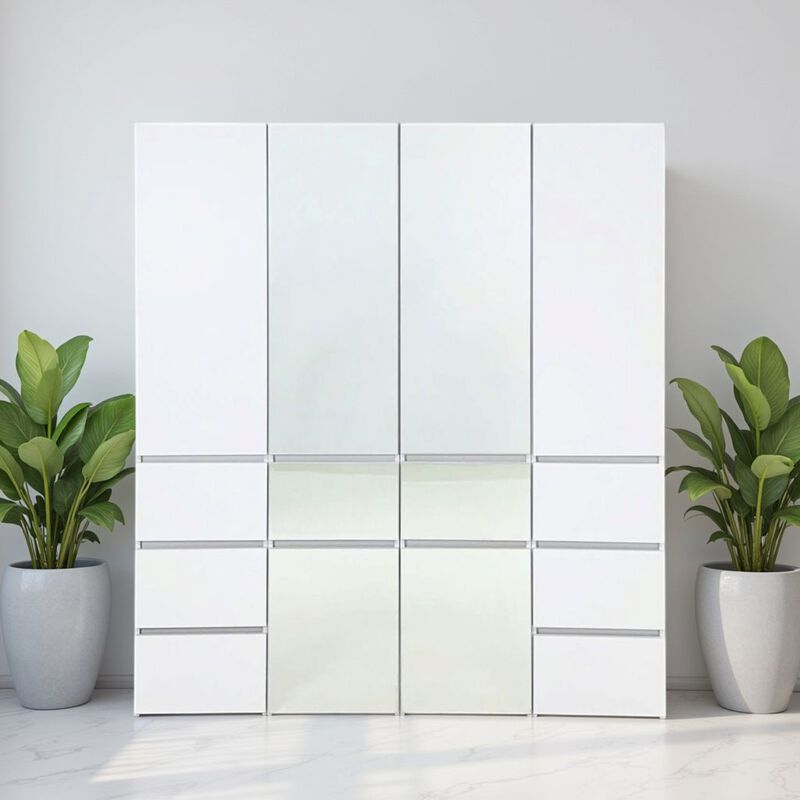 Ely Closet Cabinet Set, 2 Mirror Doors, 8 Drawers, 75 Inch, White Wood image number 1