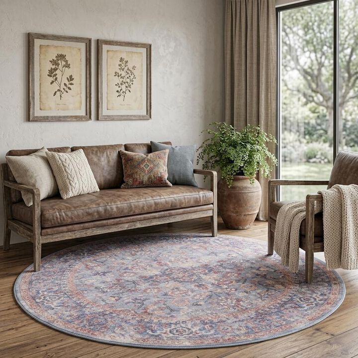 HomeRoots Round Floral Power Loom Distressed Area Rug