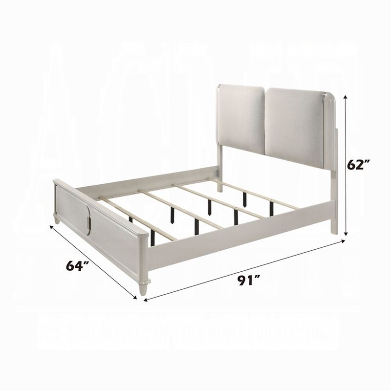 Veda Queen Size Bed with LED, Pearl White, Gray Boucle Upholstered - Benzara