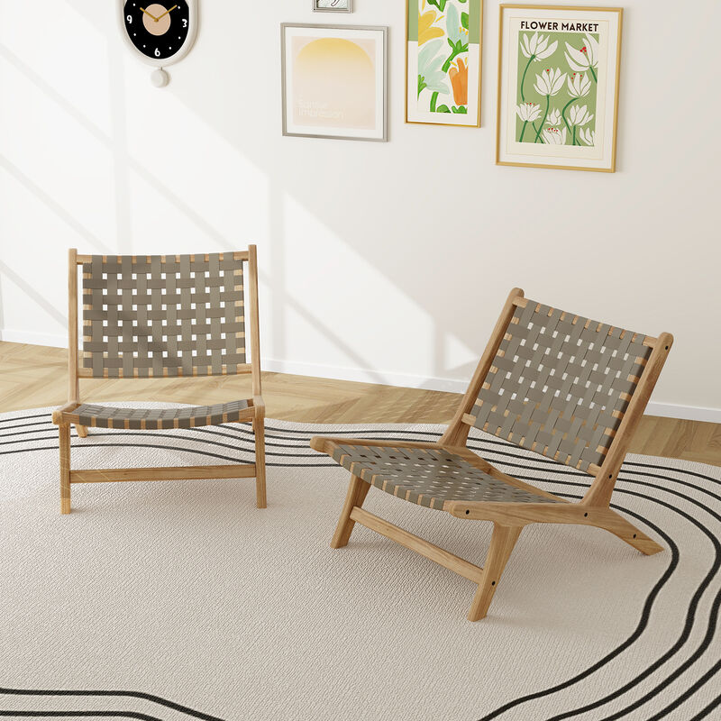 Modern Armless Teak Wood Lounge Chair with Nylon Woven Backrest and Seat image number 2
