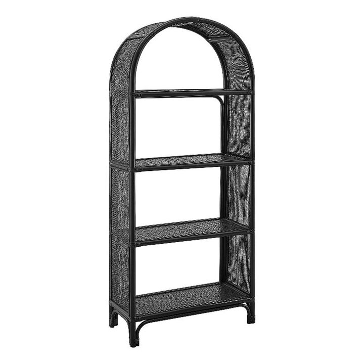 Modway Celeste Tall Arched 67 Inch Wood and Natural Rattan Bookcase in Black &ndash; Tall Open Back Bookshelf with 6 Shelves for Living Room, Bedroom, Office