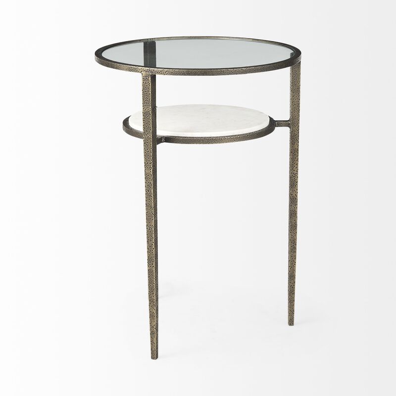 Glass and Metal Round End Table with Lower Shelf, Modern Accent for Living Room