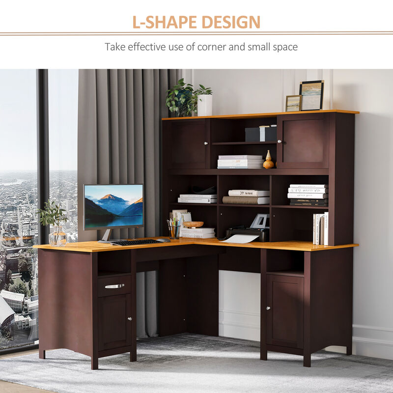 HOMCOM L Shaped Computer Desk with Hutch, 59" Corner Desk, Space Saving Home Office Desk with Storage Shelves, Drawer and Cabinet, Coffee Brown