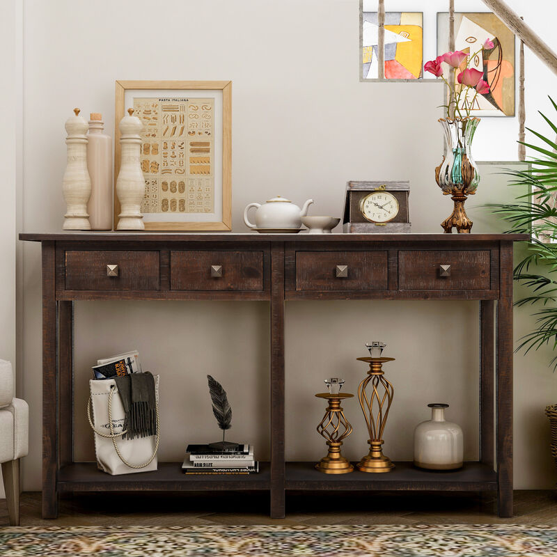 Rustic Brushed Texture Entryway Table Console Table with Drawer and Bottom Shelf for Living Room