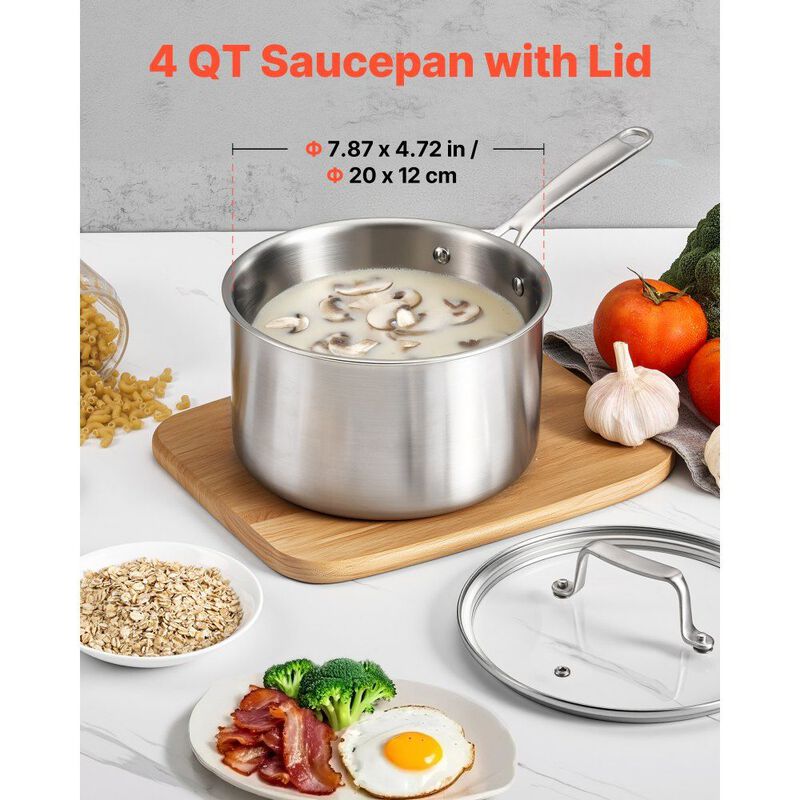 Stainless Steel 4 Qt Saucepan with Glass Lid, Nonstick Small Cooking Pot-Silver image number 3