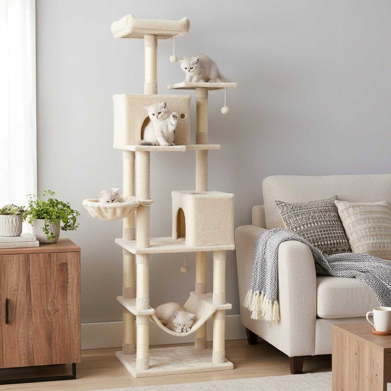 80" Multi-Level Cat Tree Tower with Two Large Condos and Hanging Toys image number 5
