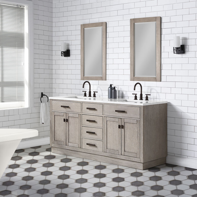 Chestnut 72 In. Double Sink Carrara White Marble Countertop Bath Vanity In Grey Oak with Oil Rubbed Bronze Hardware