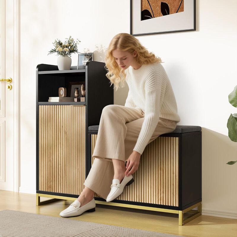 L-Shaped Shoe Storage Bench with Flip Drawer & Adjustable Shelves, 39" Entryway Bench with Thickened Padded Seat Cushion, Shoe Rack for Entryway image number 8