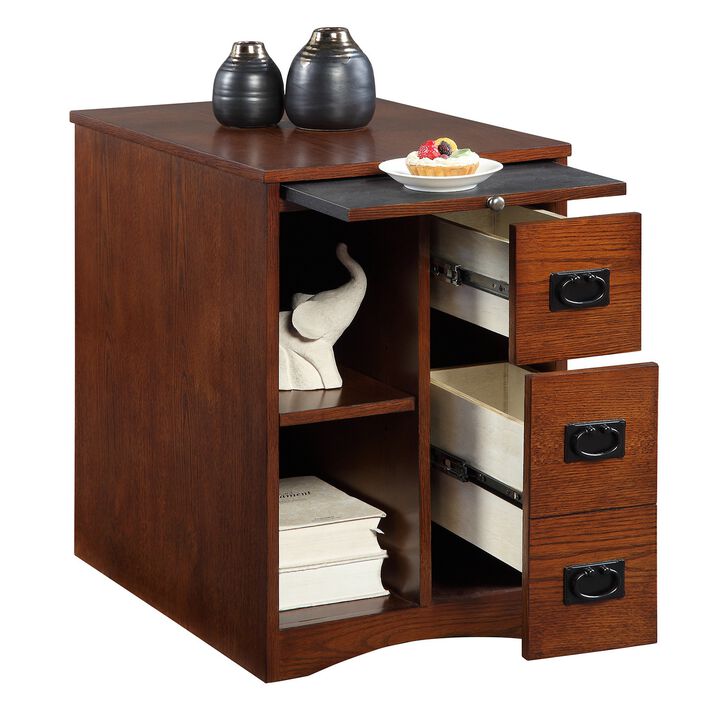 24 Inch Side End Table, 3 Drawers and Shelf, Pull Out Tray, Oak Brown -Benzara