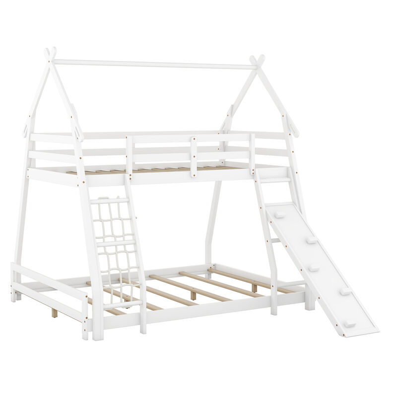 Whisen Twin over Queen House Bunk Bed with Climbing Nets and Climbing Ramp