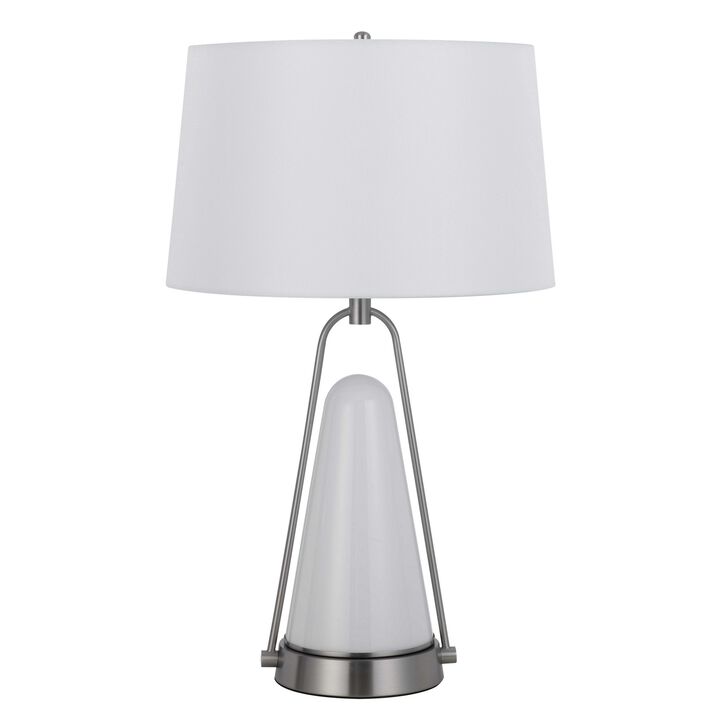29 Inch Table Lamp, LED Lit, White Drum Hardback, Silver Metal and Glass - Benzara
