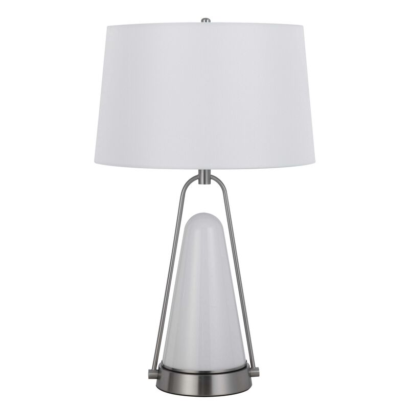 29 Inch Table Lamp, LED Lit, White Drum Hardback, Silver Metal and Glass - Benzara
