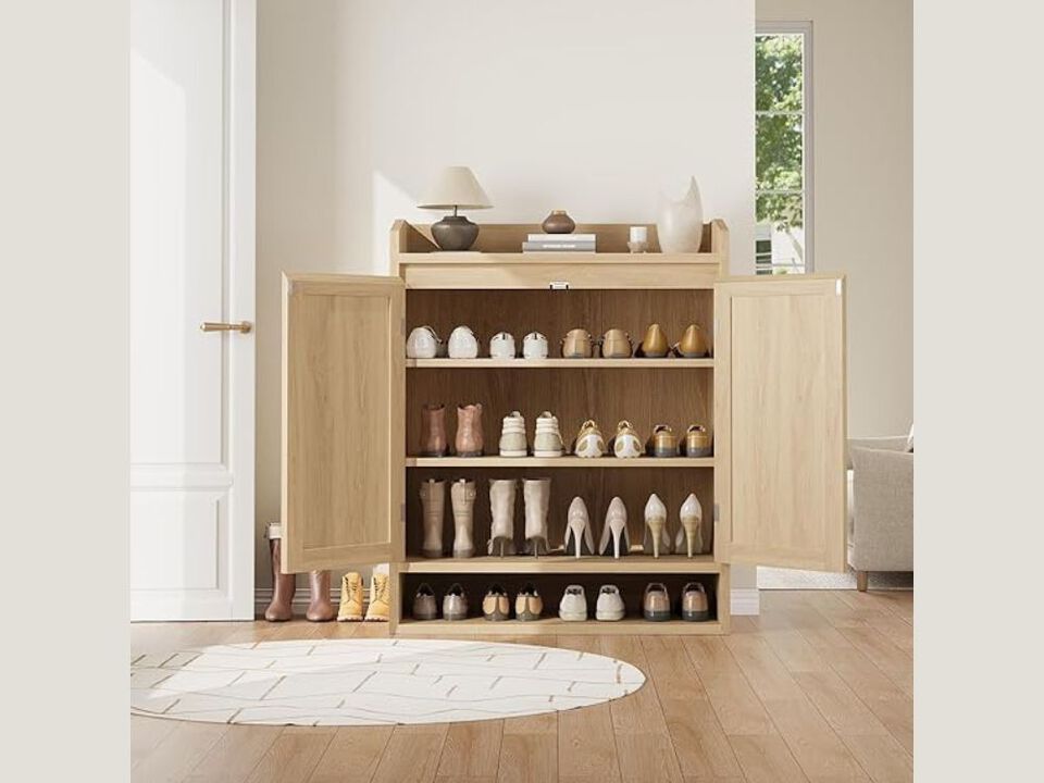 Entryway Wood Shoe Storage Cabinet Adjustable Shelves Natural Oak