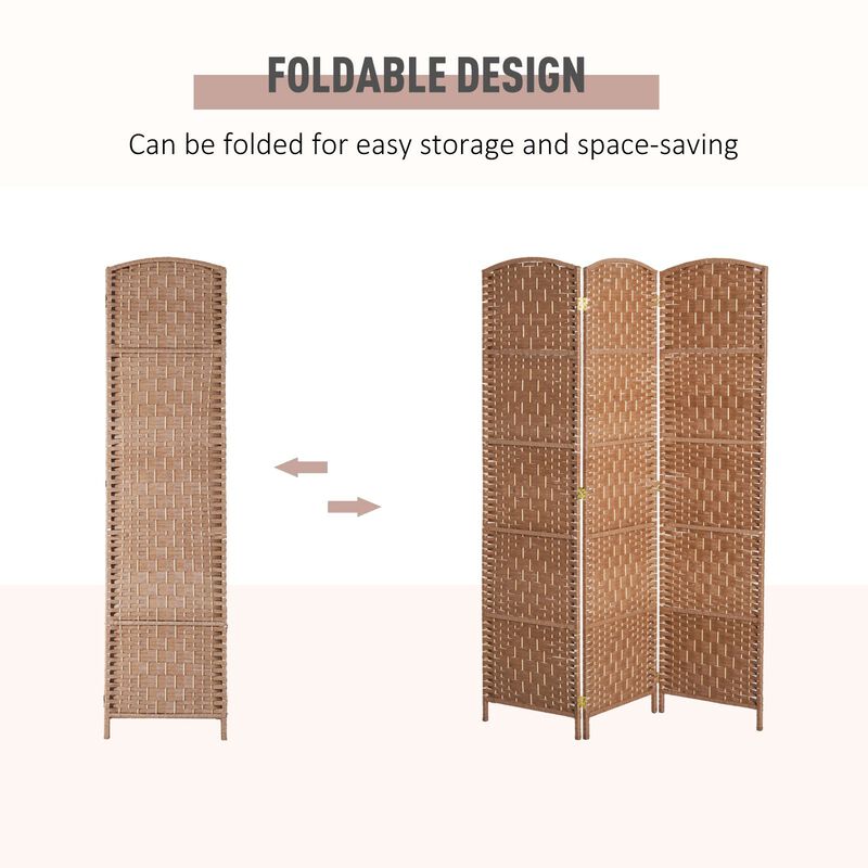 6' Tall Wicker Weave 3 Panel Room Divider Wall Divider, Natural Wood image number 5