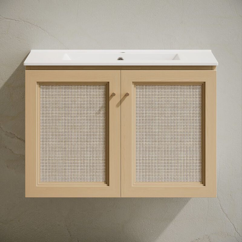 30" Wall-Mounted Bathroom Vanity in Natural Oak, Single Faucet Hole Vanity Top image number 7