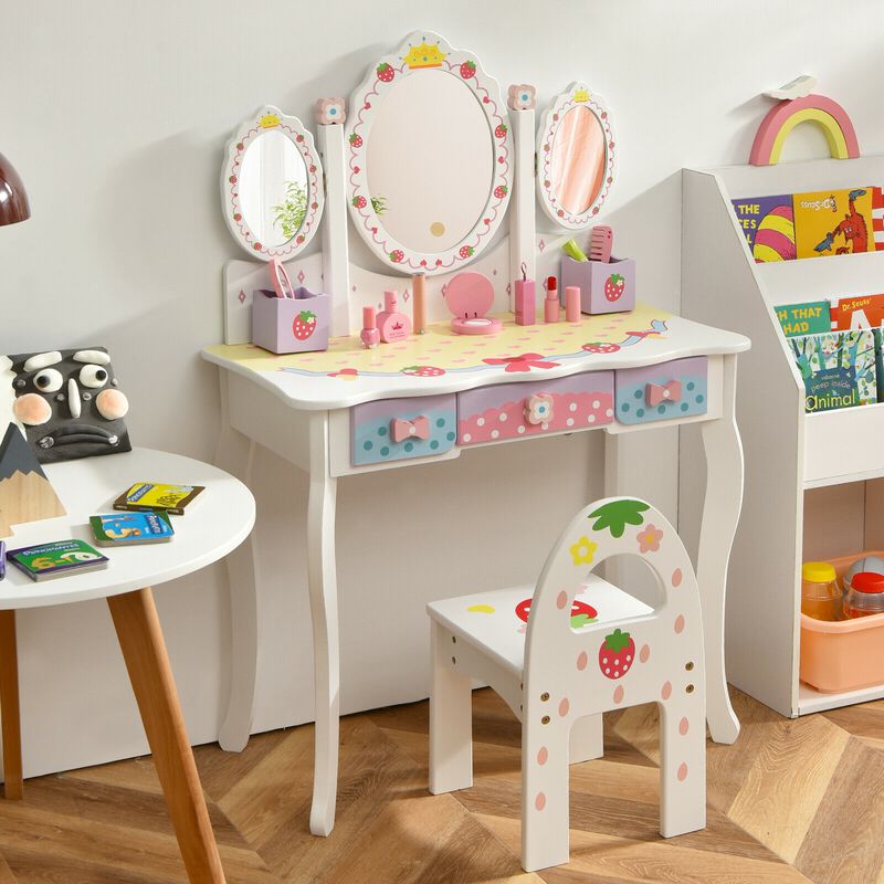 Kids Vanity Princess Makeup Dressing Table Chair Set with Tri-fold Mirror