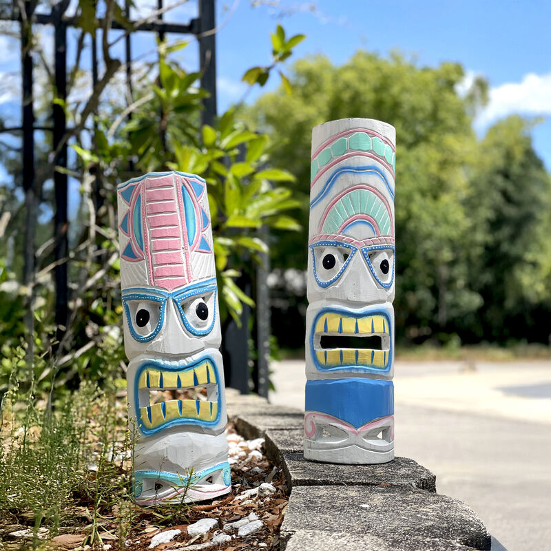Set of 2 - 20" Pastel Pink & Blue Tiki Masks Wood Wall Decor Indoor/Outdoor image number 6