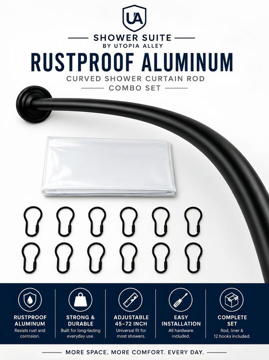 Shower Suite by Utopia Alley &ndash; Rustproof Aluminum Curved Shower Curtain Rod Combo Set with Liner & 12 Hooks, Adjustable 45&ndash;72 Inch Wall Mount Rod