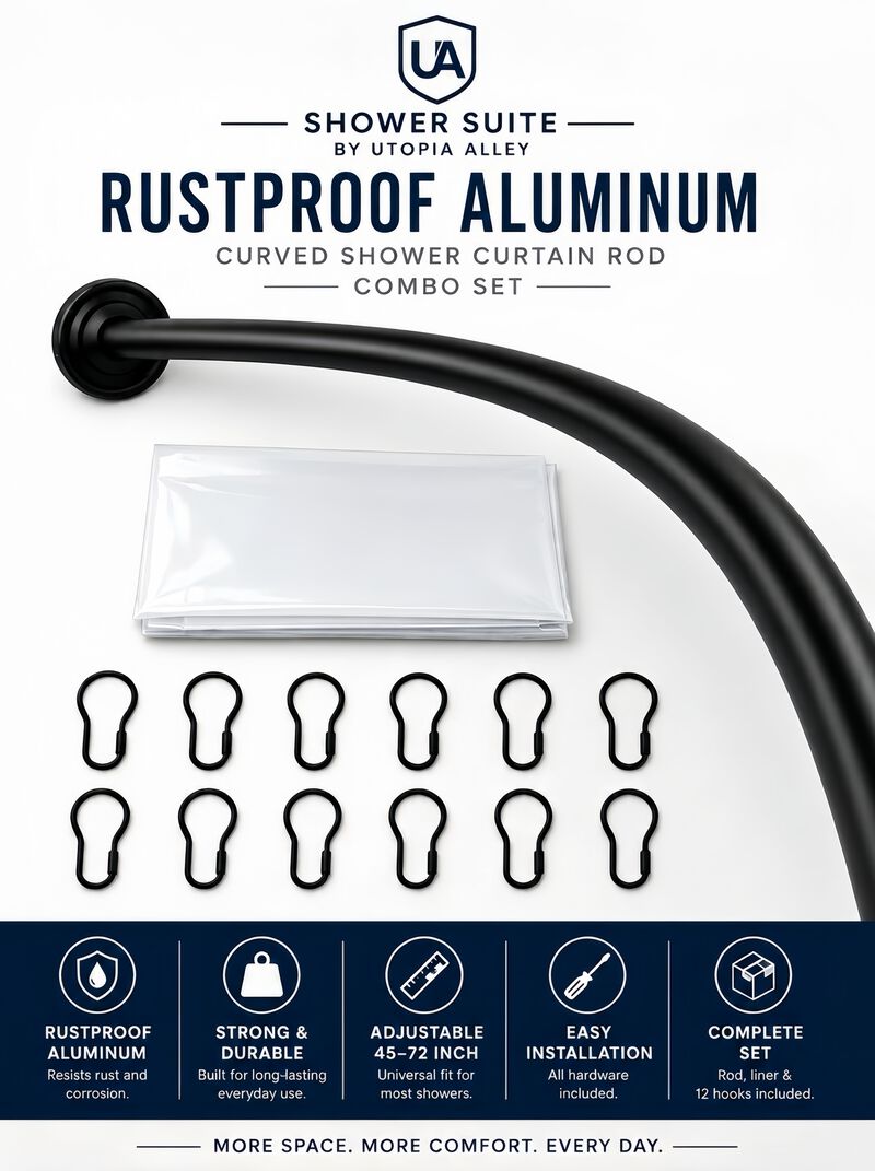 Shower Suite by Utopia Alley &ndash; Rustproof Aluminum Curved Shower Curtain Rod Combo Set with Liner & 12 Hooks, Adjustable 45&ndash;72 Inch Wall Mount Rod image number 1