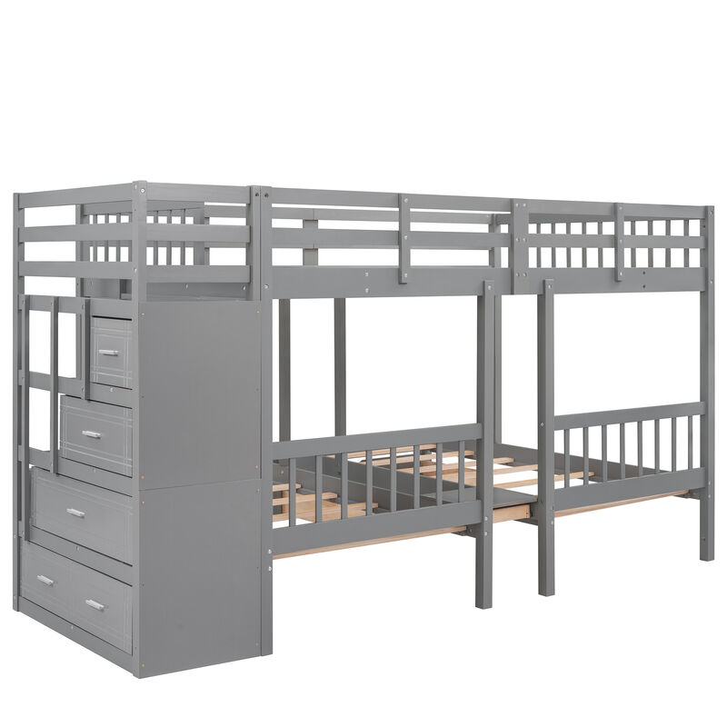 Whisen Full Over Twin & Twin Bunk Bed, Wood Triple Bunk Bed with Drawers and Guardrails- White