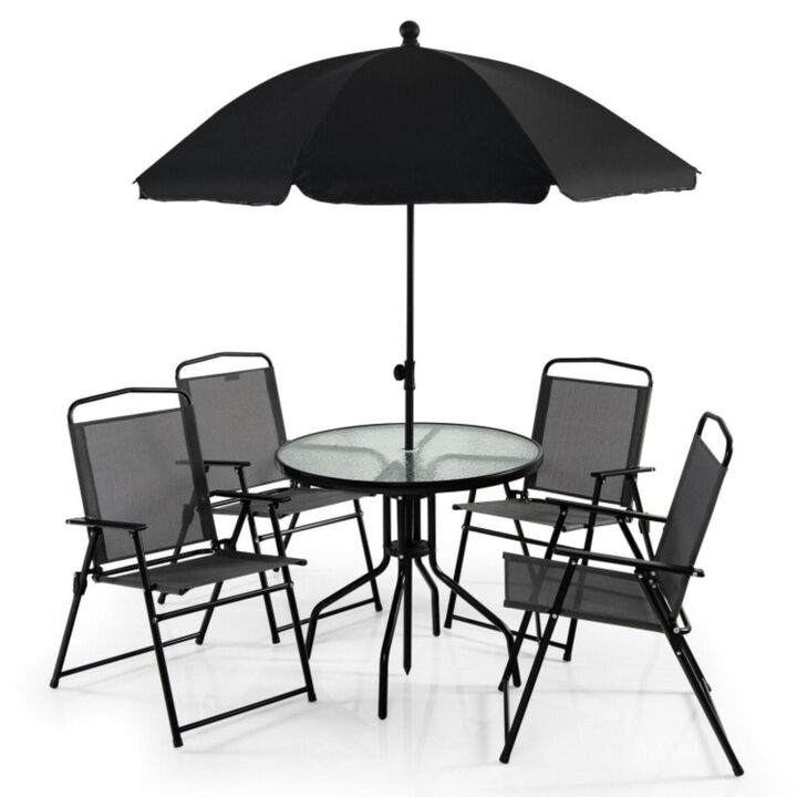 Hivvago 6 Pieces Patio Dining Set Folding Chairs Glass Table Tilt Umbrella for Garden-Gray